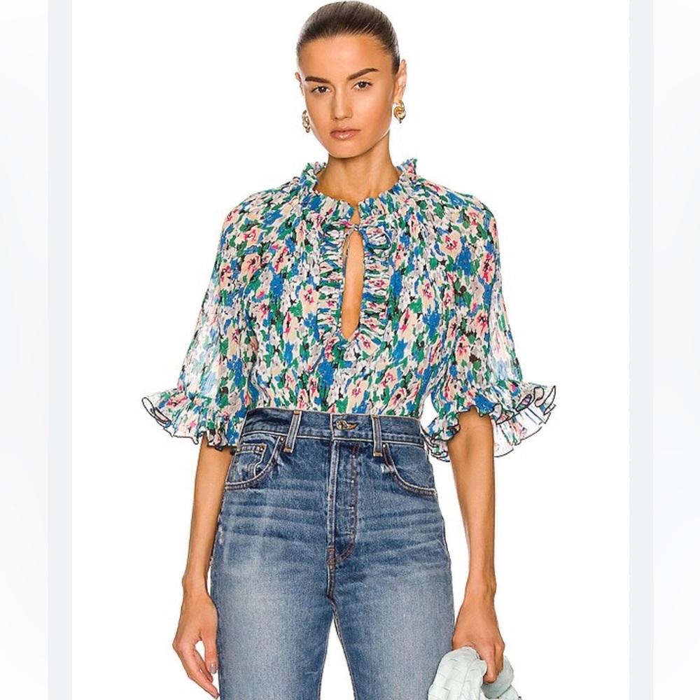 GANNI Pleated Georgette Blouse in Blue - S